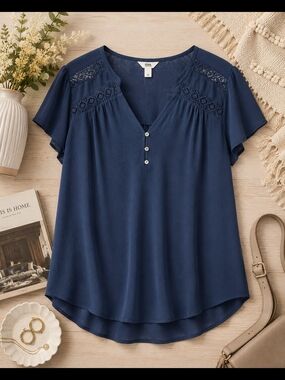 Penningtons Navy Lace Detail Blouse 1X Boho Peasant Top
